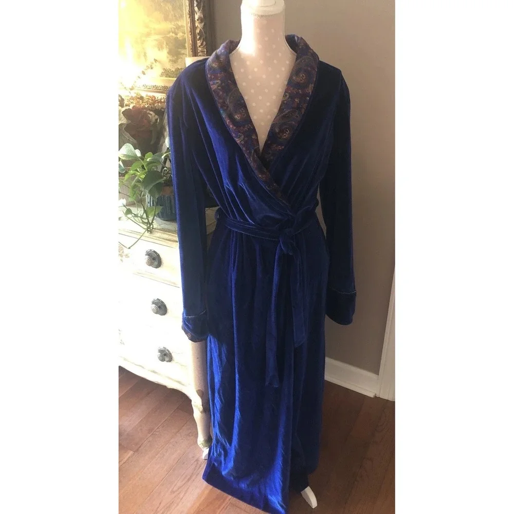 Vtg Evelyn Pearson Robe Velour Royal Blue Paisley Trim Long Belted Women's M